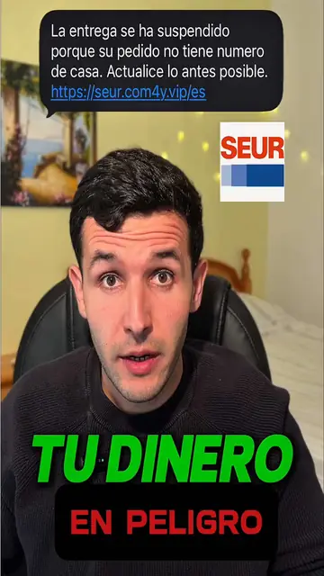 Captura de un SMS falso de SEUR junto a Florian y el texto «Tu dinero en peligro»